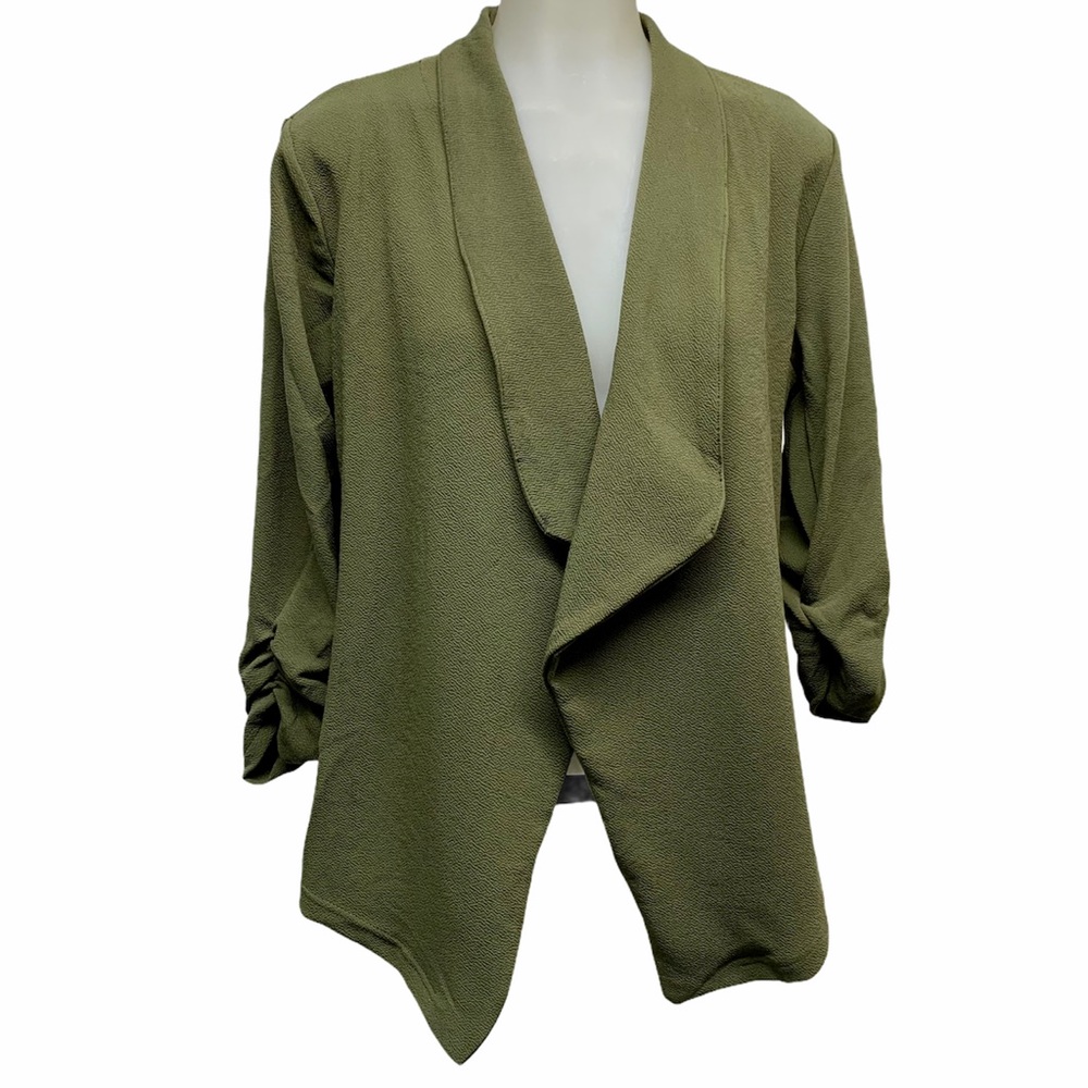 DOUBL JU Open Front draped Poly Spandex Long Sleeve Olive Cardigan L